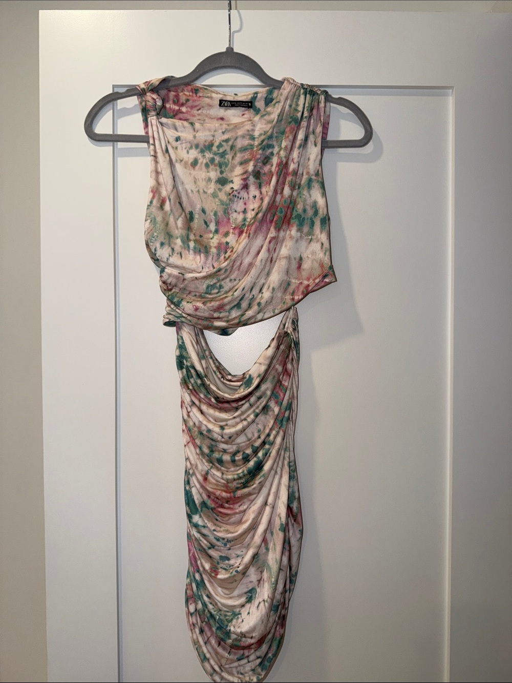 Zara Pink, Green & Cream Backless Draped Midi Dress